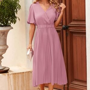 Pink Midi Dress with Puff Sleeves and Plunge Neckline